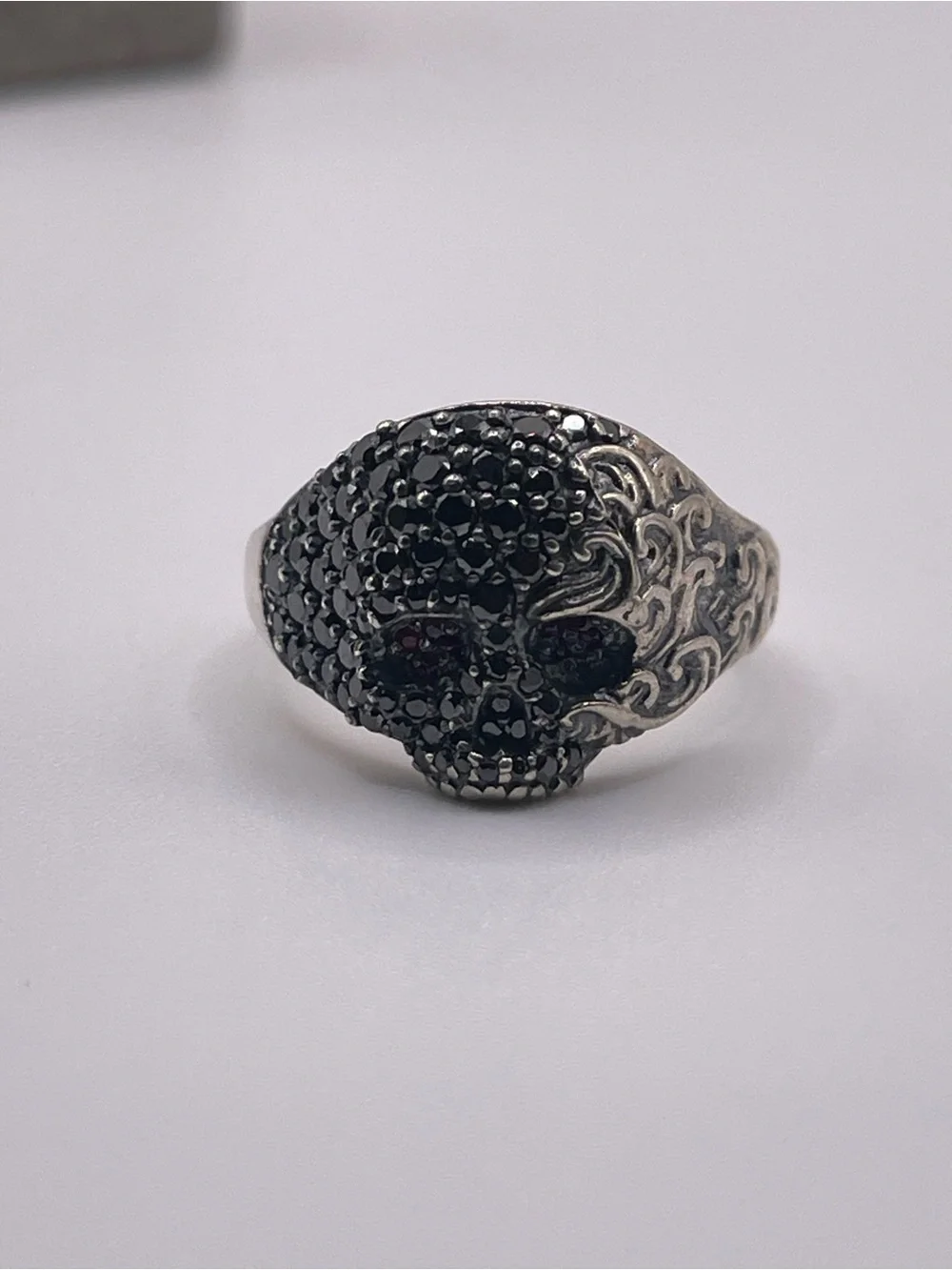 David Yurman Sterling Silver Skull Ring with Black Diamonds and Rubies